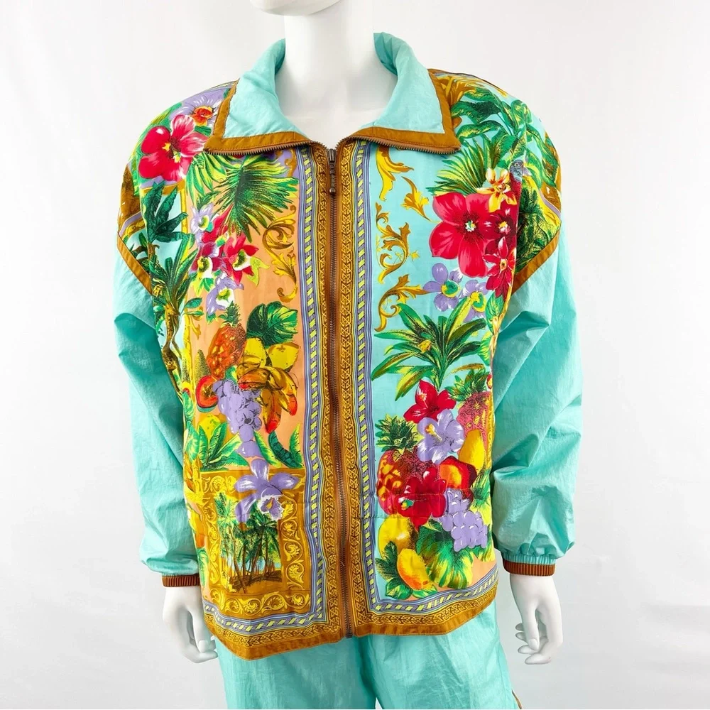 Vintage East West Turquoise Floral Fruit Print 2-Piece Tracksuit Jacket & Pants - Picture 8 of 13